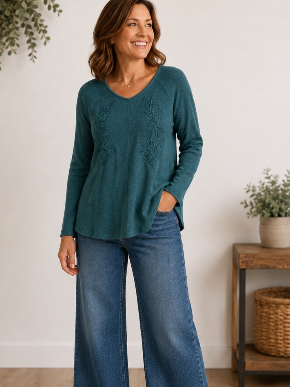 Soft‎ Surroundings Teal Textured Knit V Neck Pullover Top Women's Size L